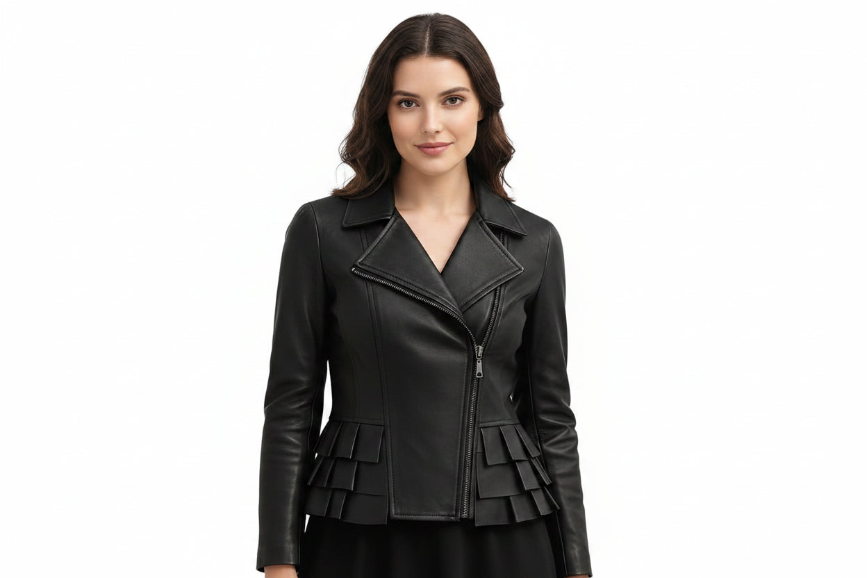Savageform women's black genuine soft lambskin real leather designer jacket featuring a tiered peplum waist, asymmetrical zip closure, structured wide notch lapels, sleek fitted long sleeves, and custom made-to-measure fitting across the UK, USA, and Australia.