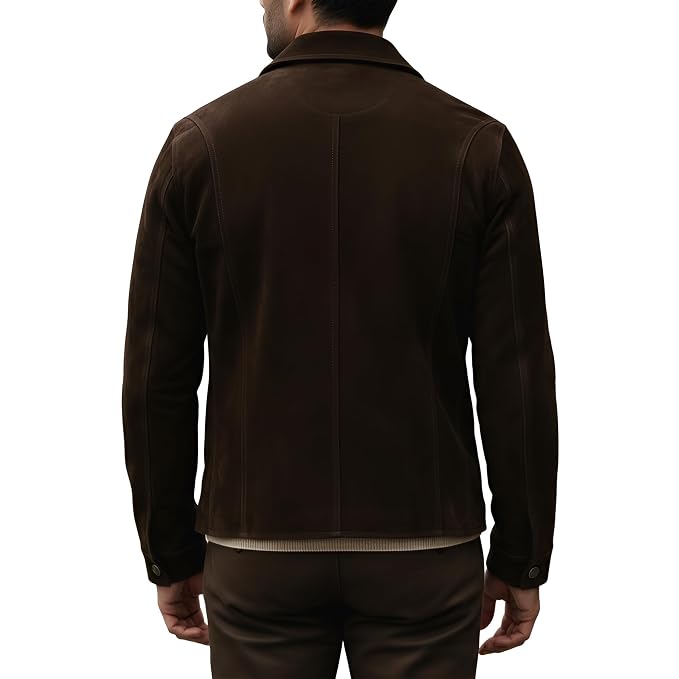 Back view of a man wearing the brown Shadow Loom Supreme Line Suede Jackets featuring dual chest pockets and a shirt collar.