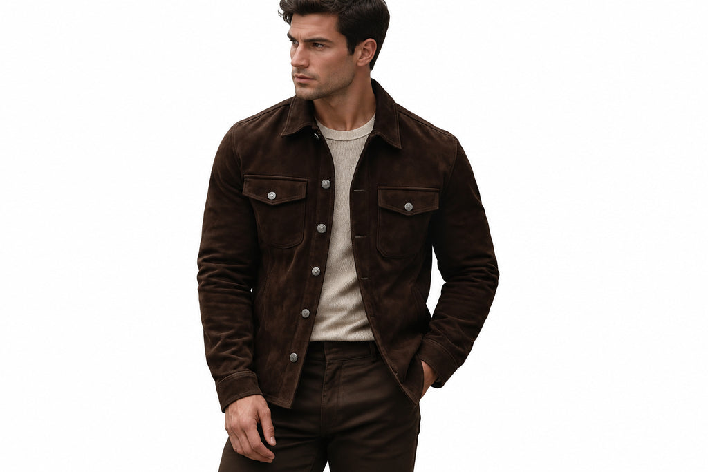 Front view of a man wearing the brown Shadow Loom Supreme Line Suede Jackets featuring dual chest pockets and a shirt collar.