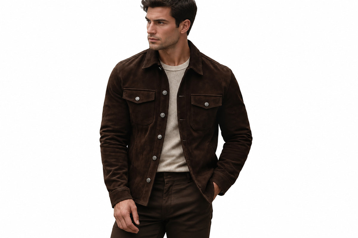 Front view of a man wearing the brown Shadow Loom Supreme Line Suede Jackets featuring dual chest pockets and a shirt collar.