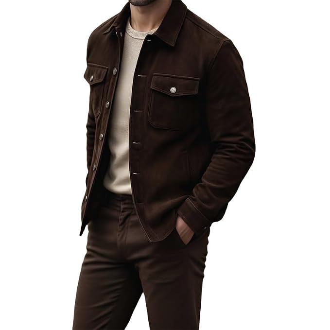 Side view of a man wearing the brown Shadow Loom Supreme Line Suede Jackets featuring dual chest pockets and a shirt collar.