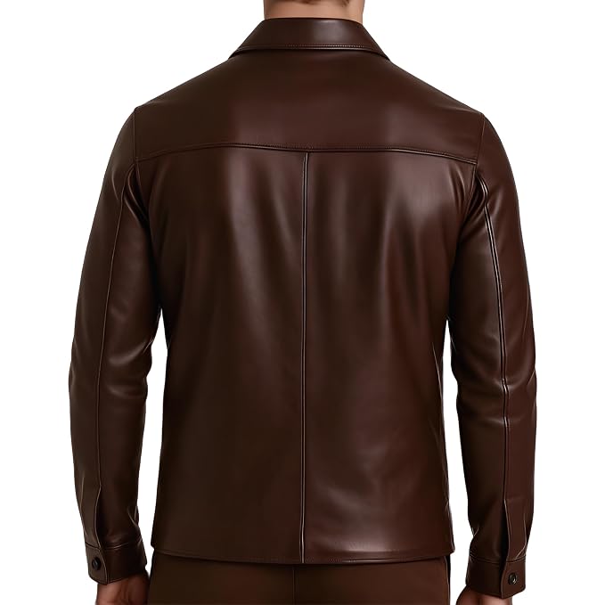 Back view of a man wearing the brown Shadow Rider Signature Edge Mens Lambskin Leather Bomber Jacket featuring a chest pocket and shirt collar.