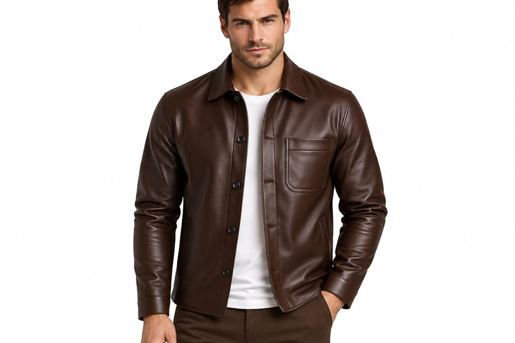 Front view of a man wearing the brown Shadow Rider Signature Edge Mens Lambskin Leather Bomber Jacket featuring a chest pocket and shirt collar.