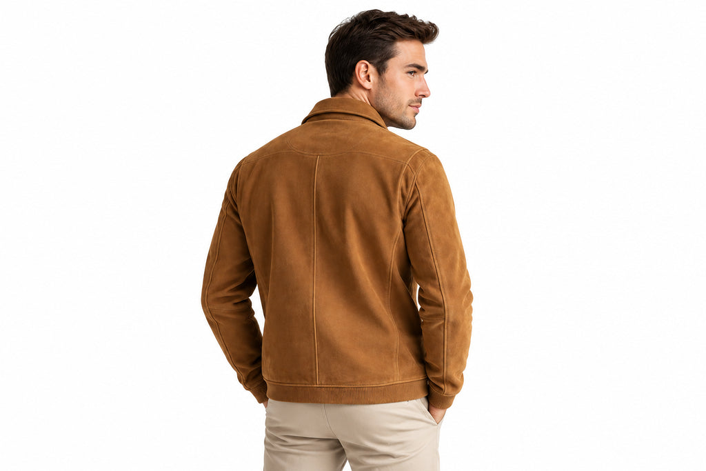 Back view of a man wearing the tan Shadow Rogue Elite Fit Suede Leather Jacket featuring utility pockets and a shirt collar.