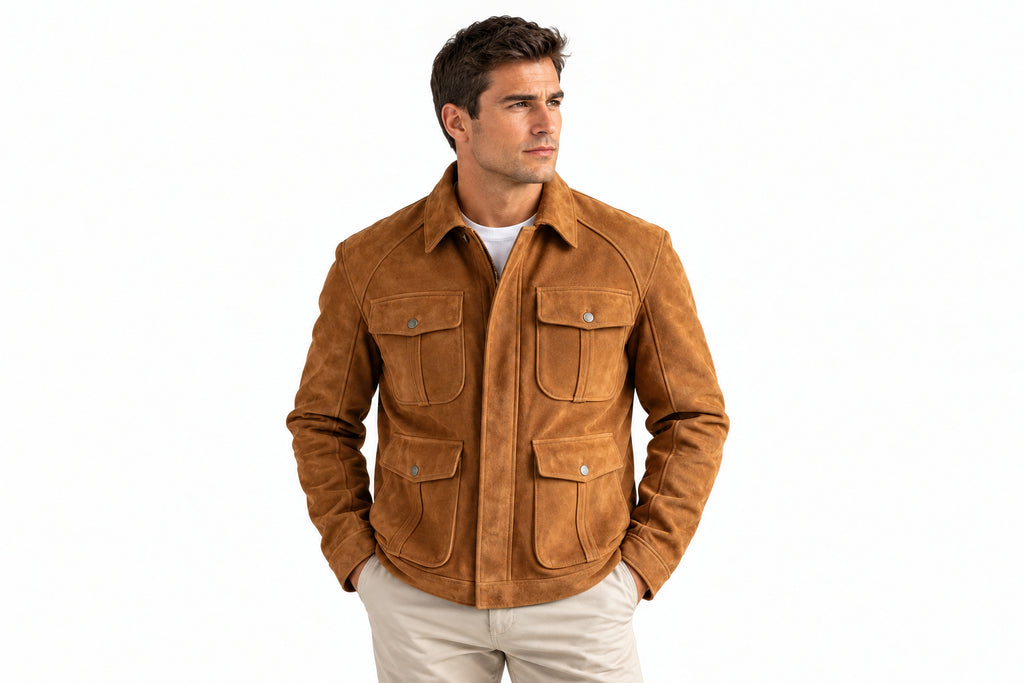 Front view of a man wearing the tan Shadow Rogue Elite Fit Suede Leather Jacket featuring utility pockets and a shirt collar.