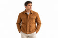 Front view of a man wearing the tan Shadow Rogue Elite Fit Suede Leather Jacket featuring utility pockets and a shirt collar.
