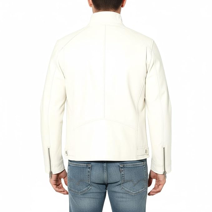 Back view of a man wearing the off-white Shadowclad Vintage Genuine Lambskin Bomber Leather Jacket featuring a stand collar and chest zip pockets.