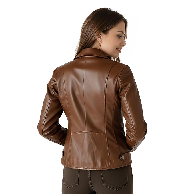 Shadowhide women's chestnut brown genuine soft lambskin real leather jacket featuring a fold-down collar, asymmetrical zip closure with snap-button placket, single chest flap pocket, side welt pockets, long fitted sleeves, and custom made-to-measure fitting across the UK, USA, and Australia.back