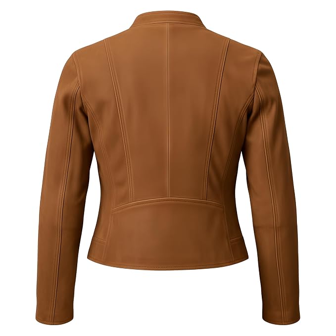 Shadowstitch women's tan genuine soft suede real leather jacket featuring a sleek stand band collar, central metallic zip closure, tailored vertical seam panelling, long fitted sleeves, and custom made-to-measure fitting across the UK, USA, and Australia.back