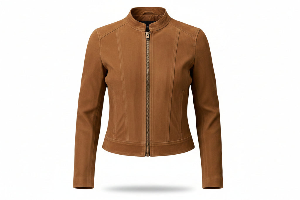 Shadowstitch women's tan genuine soft suede real leather jacket featuring a sleek stand band collar, central metallic zip closure, tailored vertical seam panelling, long fitted sleeves, and custom made-to-measure fitting across the UK, USA, and Australia.