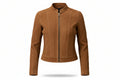 Shadowstitch women's tan genuine soft suede real leather jacket featuring a sleek stand band collar, central metallic zip closure, tailored vertical seam panelling, long fitted sleeves, and custom made-to-measure fitting across the UK, USA, and Australia.