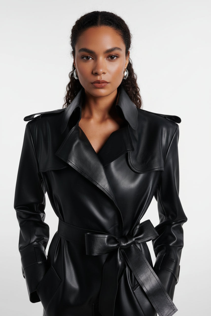 Sienna Noir women's jet black genuine Nappa lambskin leather jumpsuit featuring a trench coat style notch collar, chest storm flap, shoulder epaulettes, self-tie leather waist belt, wide-leg trousers, and custom made-to-measure fitting across the UK, USA, and Australia.extra