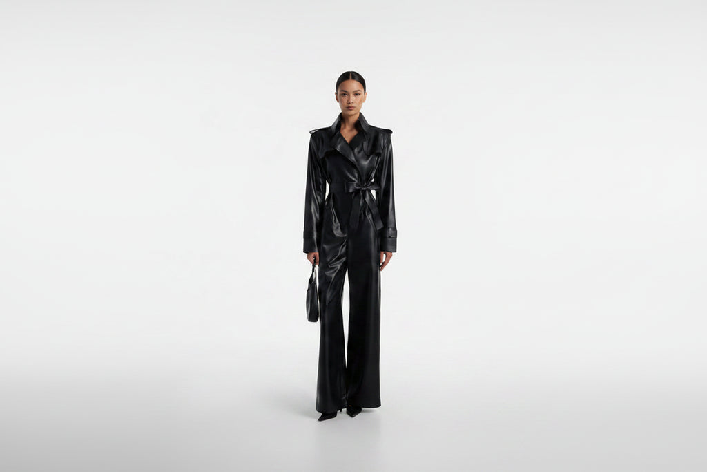 Sienna Noir women's jet black genuine Nappa lambskin leather jumpsuit featuring a trench coat style notch collar, chest storm flap, shoulder epaulettes, self-tie leather waist belt, wide-leg trousers, and custom made-to-measure fitting across the UK, USA, and Australia.