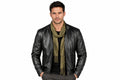 Front view of a man wearing the Stealth Matte Black Biker Jacket featuring a snap-tab collar and full-zip front closure.