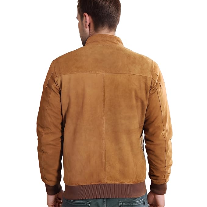 Back view of a man wearing the tan Steel Rider Prime Heritage Suede Leather Jacket featuring utility flap pockets and a stand collar.