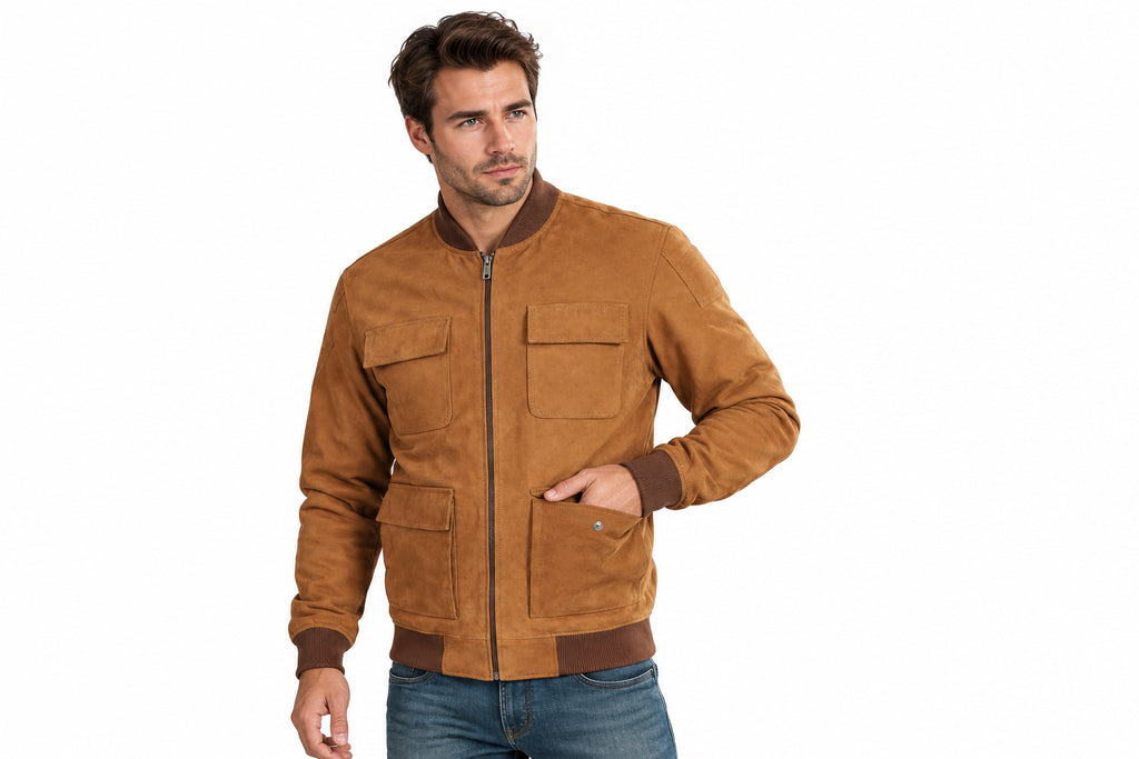 Side view of a man wearing the tan Steel Rider Prime Heritage Suede Leather Jacket featuring utility flap pockets and a stand collar.