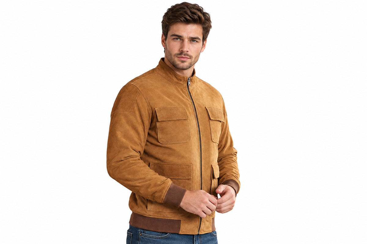 Front view of a man wearing the tan Steel Rider Prime Heritage Suede Leather Jacket featuring utility flap pockets and a stand collar.