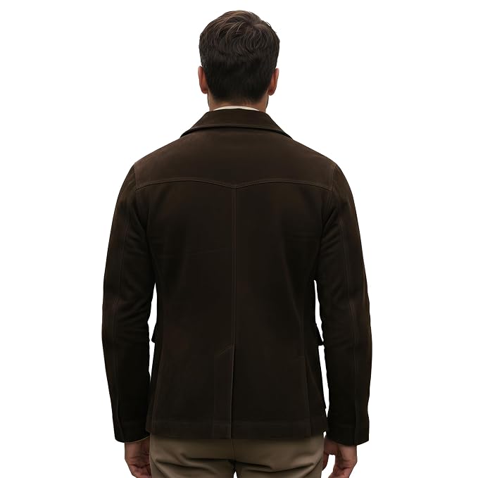 Back view of a man wearing the ash brown Steel Wolf Ash Brown Suede Leather Jacket featuring utility flap pockets and a shirt collar.