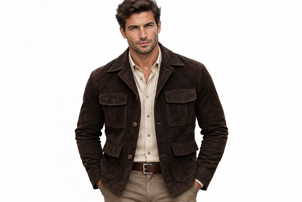 Front view of a man wearing the ash brown Steel Wolf Ash Brown Suede Leather Jacket featuring utility flap pockets and a shirt collar.