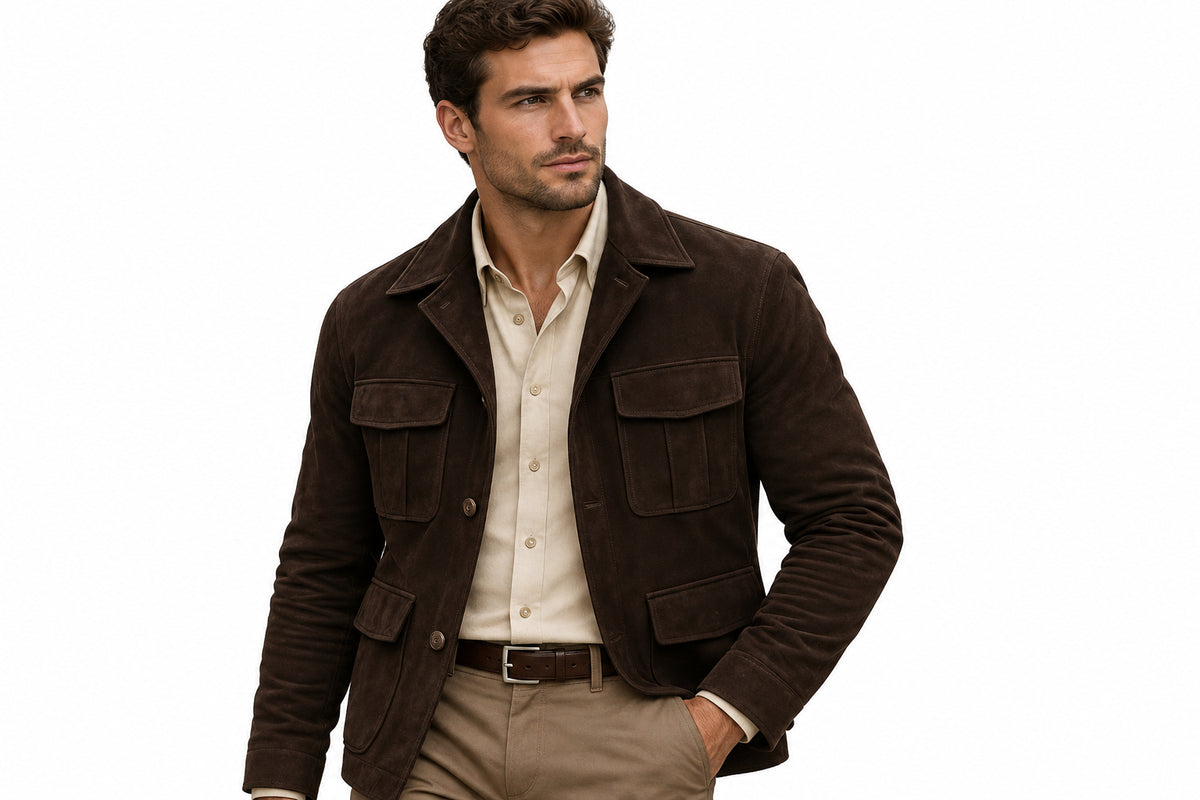 Side view of a man wearing the ash brown Steel Wolf Ash Brown Suede Leather Jacket featuring utility flap pockets and a shirt collar.