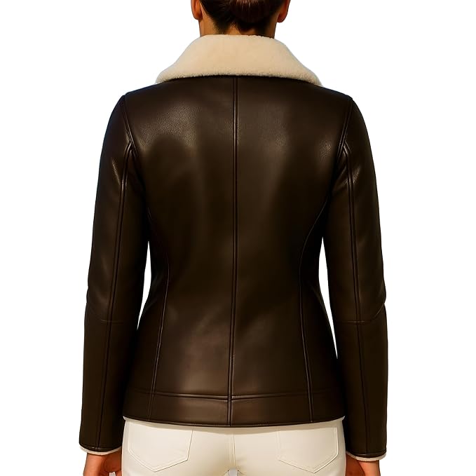 Steelborn women's distressed dark brown genuine soft lambskin real leather aviator jacket featuring a plush cream shearling fleece lining, wide notch lapels, asymmetrical zip closure, chest flap detail, side welt pockets, long fitted sleeves, and custom made-to-measure fitting across the UK, USA, and Australia.back
