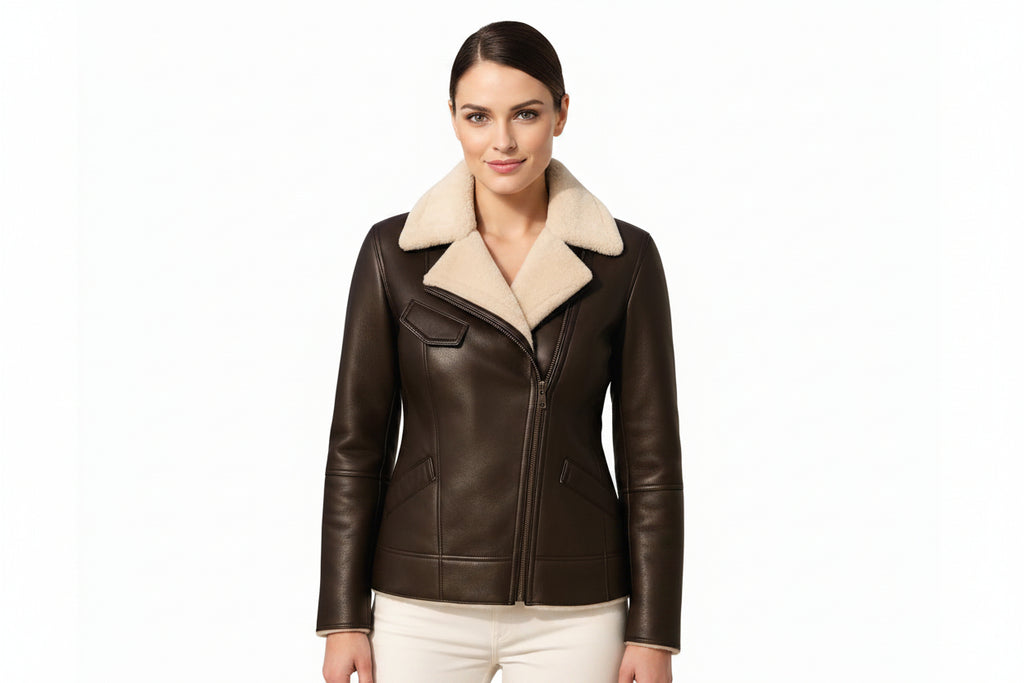 Steelborn women's distressed dark brown genuine soft lambskin real leather aviator jacket featuring a plush cream shearling fleece lining, wide notch lapels, asymmetrical zip closure, chest flap detail, side welt pockets, long fitted sleeves, and custom made-to-measure fitting across the UK, USA, and Australia.