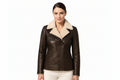 Steelborn women's distressed dark brown genuine soft lambskin real leather aviator jacket featuring a plush cream shearling fleece lining, wide notch lapels, asymmetrical zip closure, chest flap detail, side welt pockets, long fitted sleeves, and custom made-to-measure fitting across the UK, USA, and Australia.