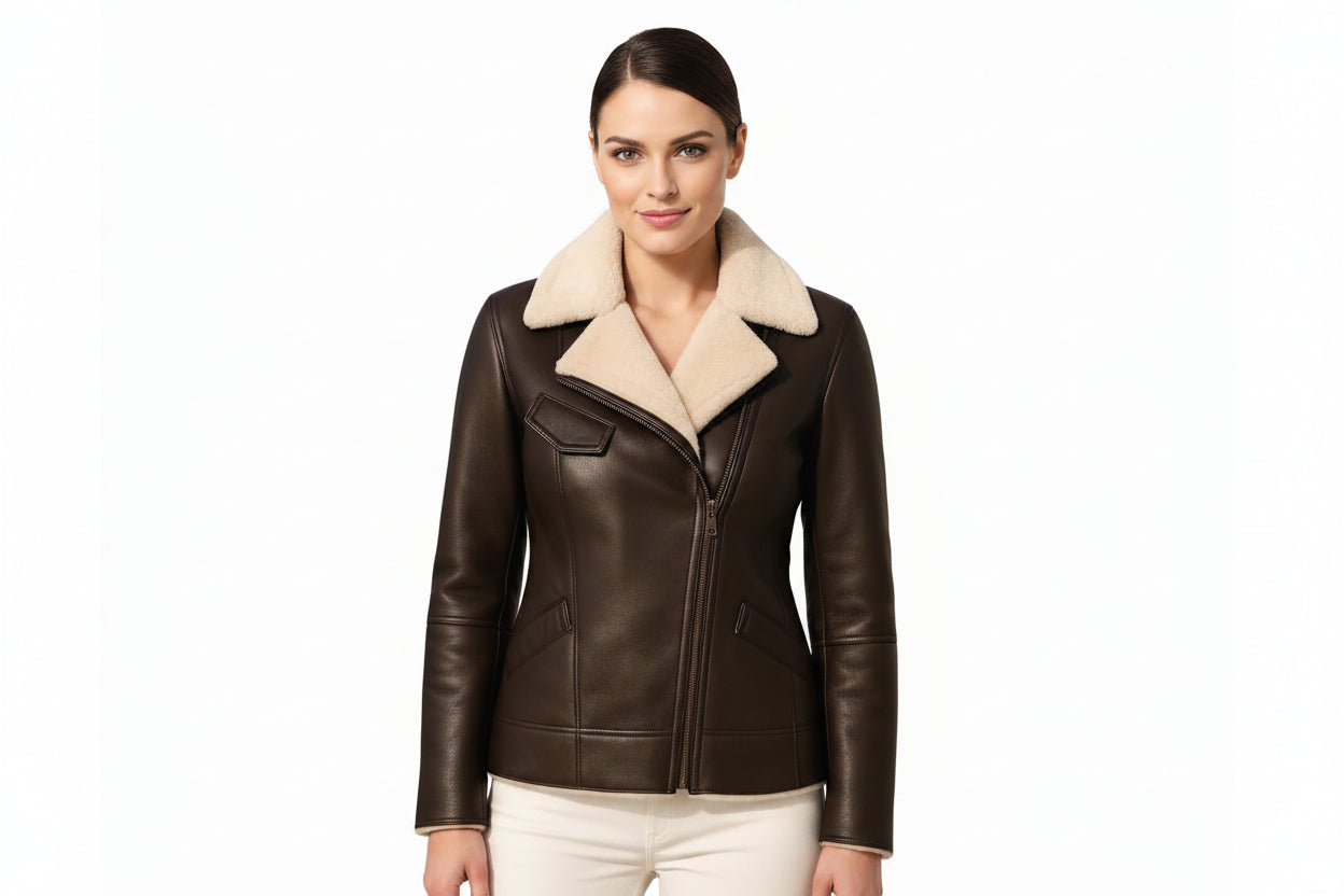 Steelborn women's distressed dark brown genuine soft lambskin real leather aviator jacket featuring a plush cream shearling fleece lining, wide notch lapels, asymmetrical zip closure, chest flap detail, side welt pockets, long fitted sleeves, and custom made-to-measure fitting across the UK, USA, and Australia.