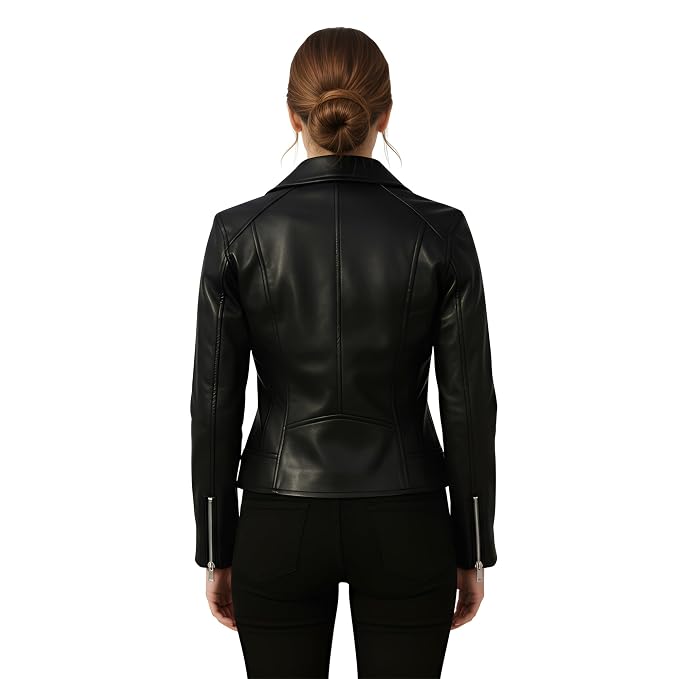 Steelborne women's classic black genuine soft lambskin real leather motorcycle biker jacket featuring silver snap-studded notch lapels, asymmetrical zip closure, slant zip pockets, snap-flap coin pocket, stud belt loops, long fitted sleeves, and custom made-to-measure fitting across the UK, USA, and Australia.back