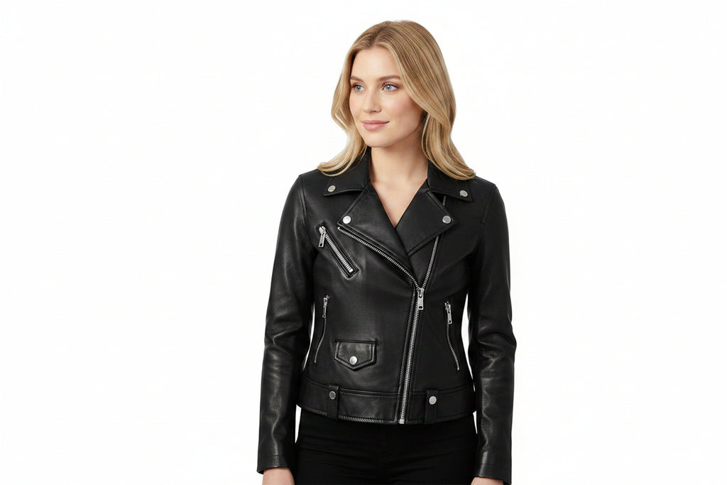 Steelborne women's classic black genuine soft lambskin real leather motorcycle biker jacket featuring silver snap-studded notch lapels, asymmetrical zip closure, slant zip pockets, snap-flap coin pocket, stud belt loops, long fitted sleeves, and custom made-to-measure fitting across the UK, USA, and Australia.