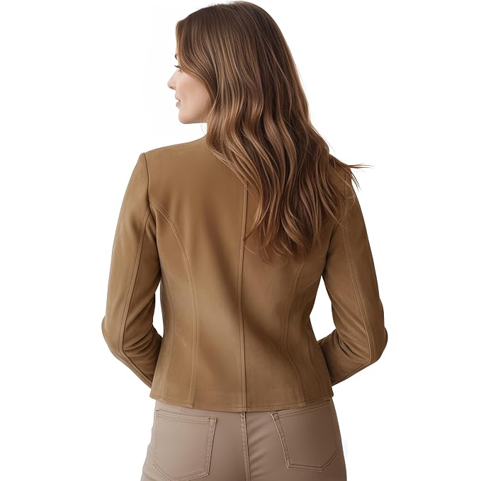 Steeltrail women's camel tan genuine soft suede real leather cropped cafe racer jacket featuring a mandarin stand collar, single-breasted button front closure, tailored seam panelling, long slim sleeves, and custom made-to-measure fitting across the UK, USA, and Australia.back