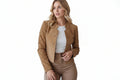 Steeltrail women's camel tan genuine soft suede real leather cropped cafe racer jacket featuring a mandarin stand collar, single-breasted button front closure, tailored seam panelling, long slim sleeves, and custom made-to-measure fitting across the UK, USA, and Australia.