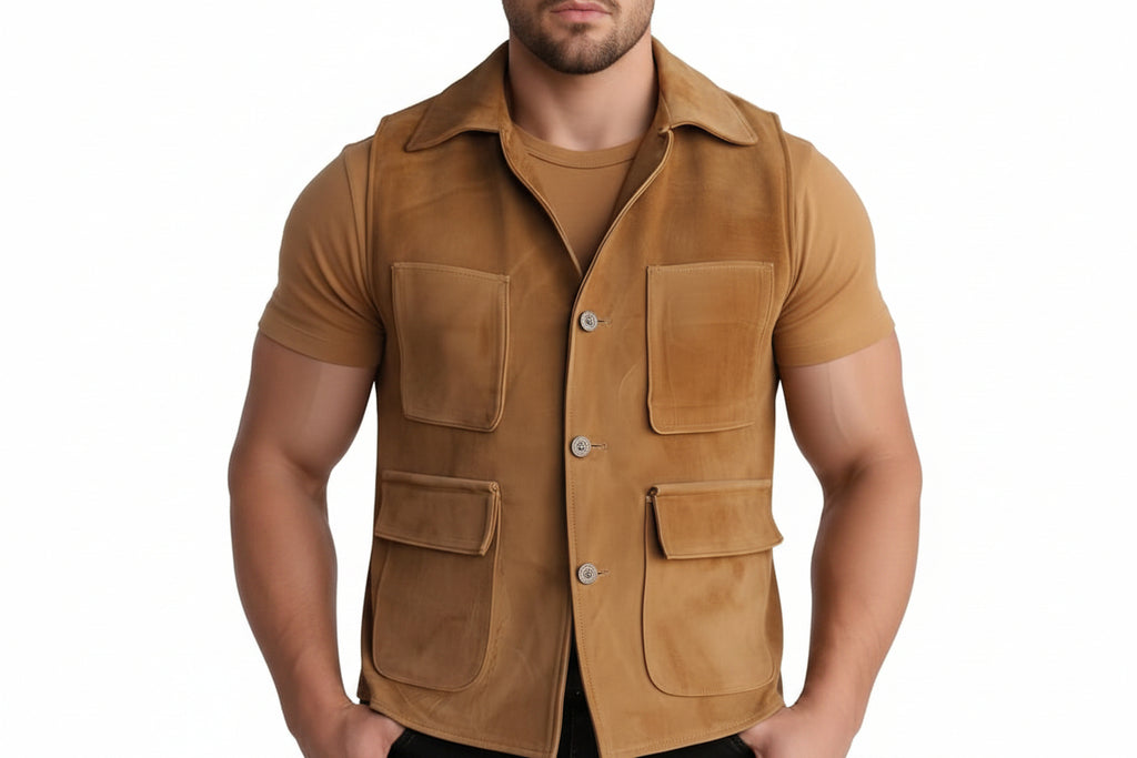 Stone Pelt Biker Style Suede Leather Vest for Men – custom suede leather biker vest by Urbanhides, designed for men in the UK, USA and Australia with personalized styling options.