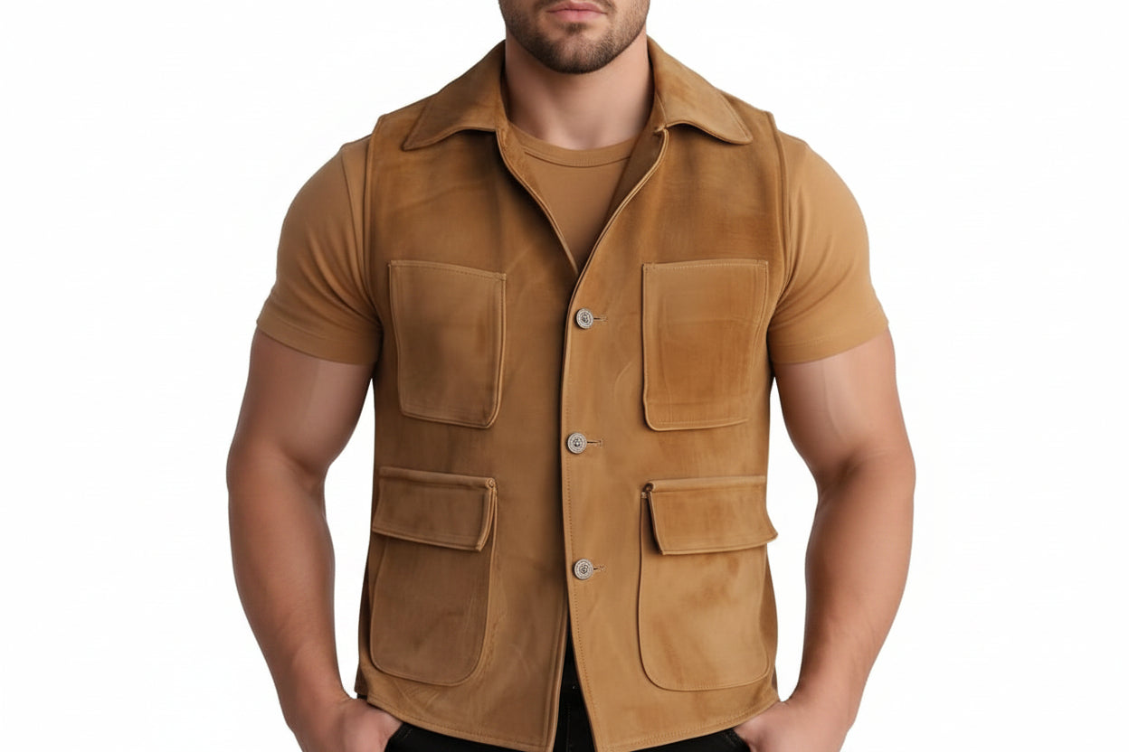 Stone Pelt Biker Style Suede Leather Vest for Men – custom suede leather biker vest by Urbanhides, designed for men in the UK, USA and Australia with personalized styling options.