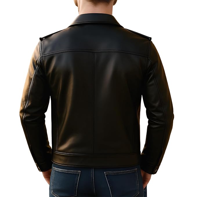 Back view of a man wearing the black Storm Edge Minimal Luxe Lambskin Leather Jacket featuring dual chest pockets and a shirt collar.