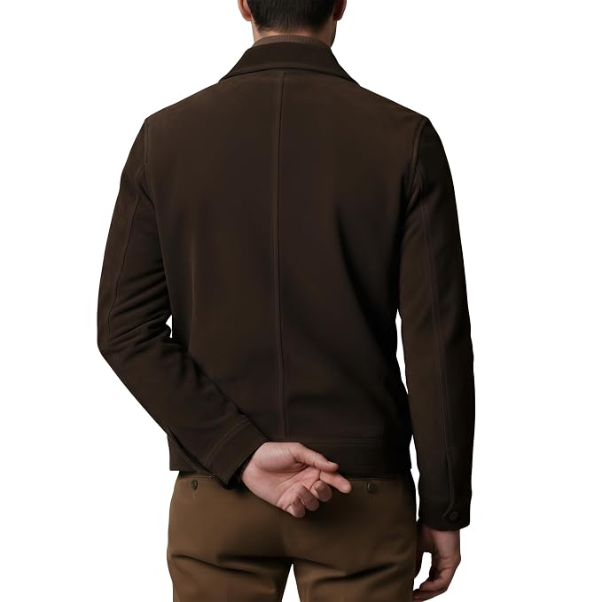 Back view of a man wearing the dark brown Storm Forge Signature Luxe Suede Leather Jacket featuring dual chest pockets and a shirt collar.