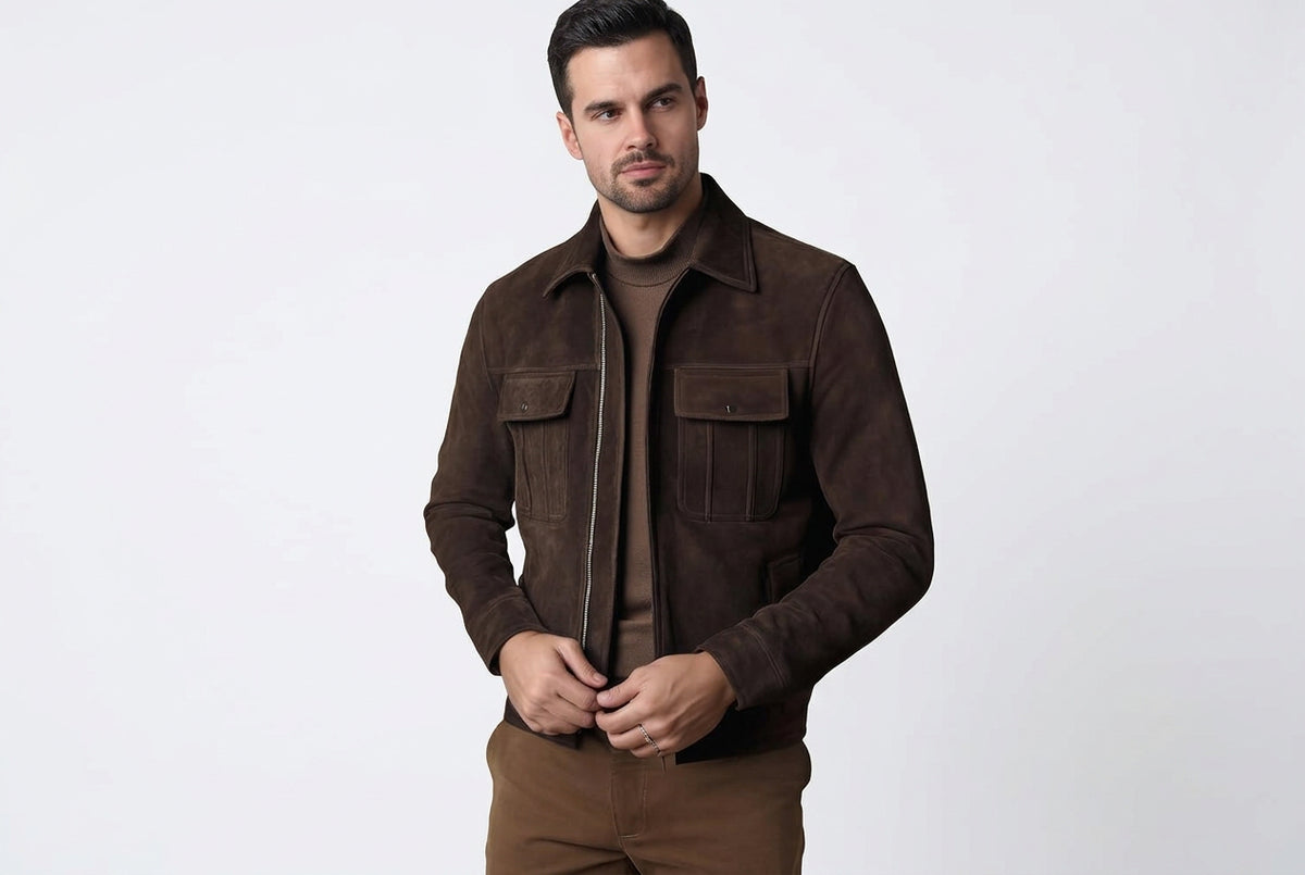 Front view of a man wearing the dark brown Storm Forge Signature Luxe Suede Leather Jacket featuring dual chest pockets and a shirt collar.