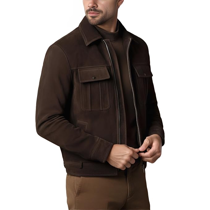 Side view of a man wearing the dark brown Storm Forge Signature Luxe Suede Leather Jacket featuring dual chest pockets and a shirt collar.