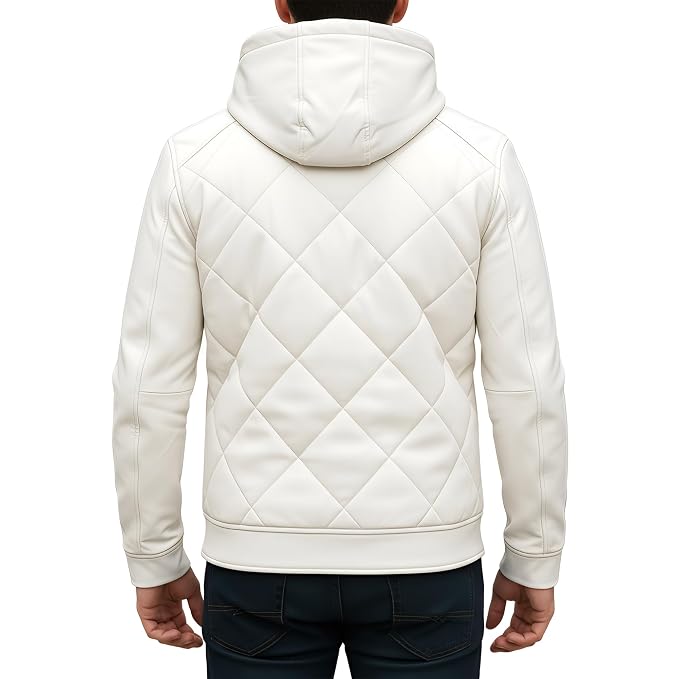 Back view of a man wearing the sand white Storm Grain Sand Mens Lambskin Leather Modern Cut Jacket featuring an integrated hood and diamond quilted stitching.