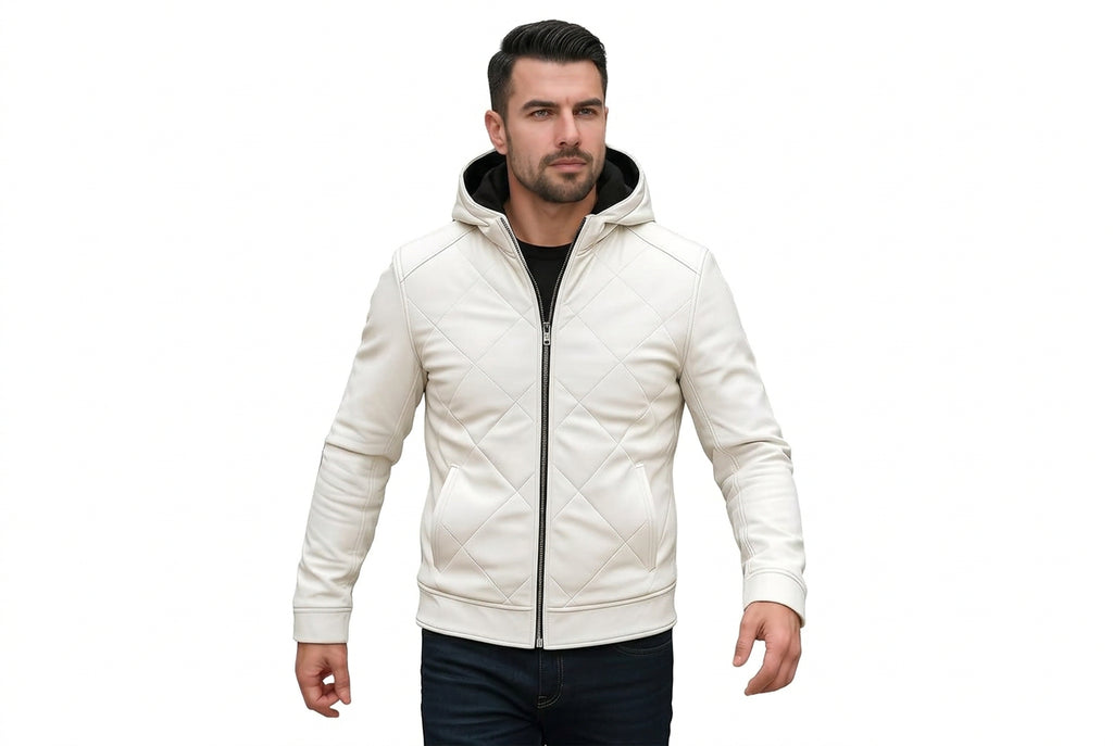Front view of a man wearing the sand white Storm Grain Sand Mens Lambskin Leather Modern Cut Jacket featuring an integrated hood and diamond quilted stitching.