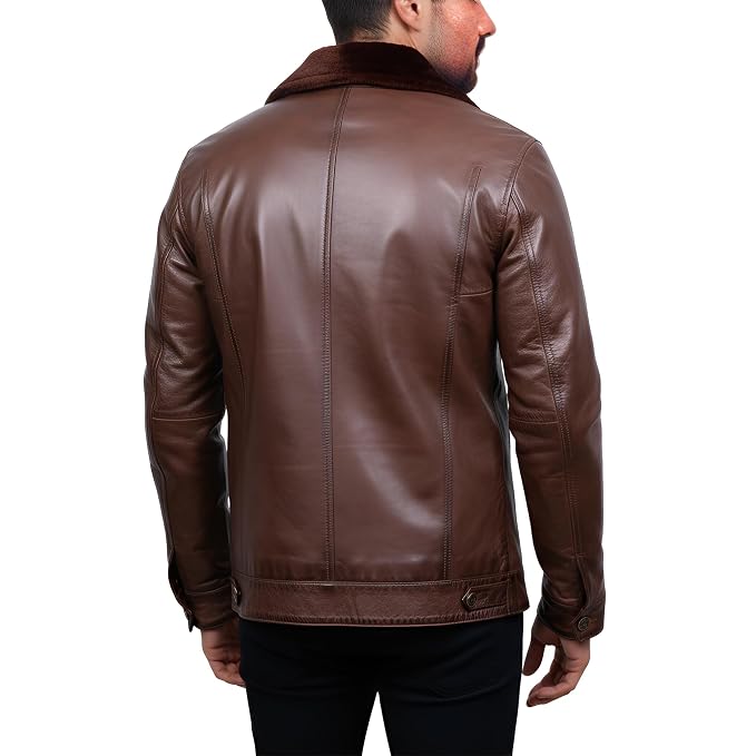 Back view of a man wearing the brown Storm Hide Matte Finish Slim Fit Biker Leather Jacket featuring a matte finish and slim fit profile.