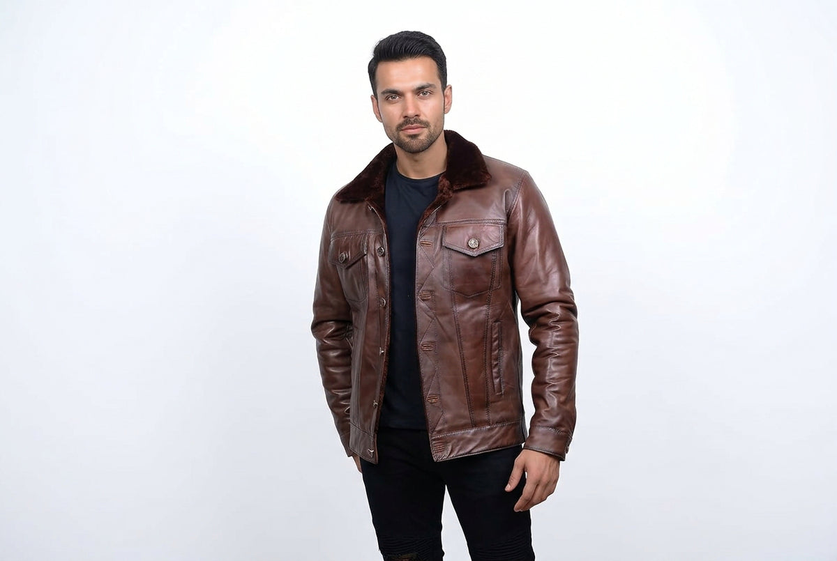 Side view of a man wearing the brown Storm Hide Matte Finish Slim Fit Biker Leather Jacket featuring a matte finish and slim fit profile.
