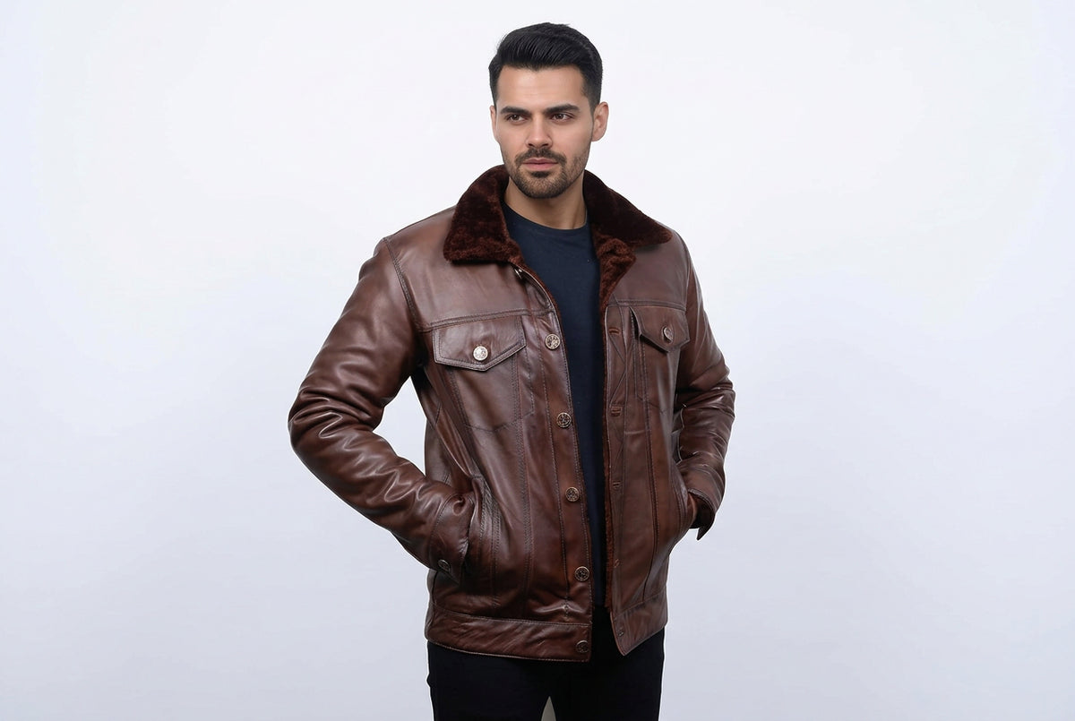 Front view of a man wearing the brown Storm Hide Matte Finish Slim Fit Biker Leather Jacket featuring a matte finish and slim fit profile.