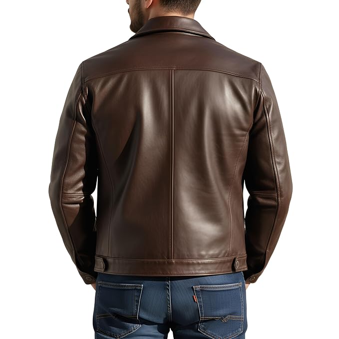 Back view of a man wearing the brown Storm Trail Luxe Legacy Real Leather Racer Jacket featuring dual chest pockets and a shirt collar.