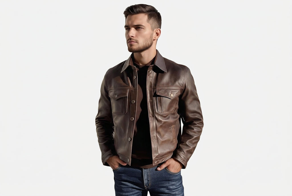 Front view of a man wearing the brown Storm Trail Luxe Legacy Real Leather Racer Jacket featuring dual chest pockets and a shirt collar.
