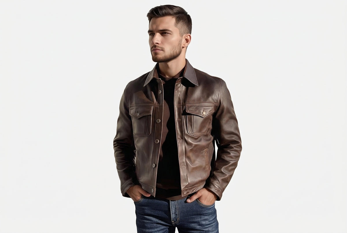 Front view of a man wearing the brown Storm Trail Luxe Legacy Real Leather Racer Jacket featuring dual chest pockets and a shirt collar.
