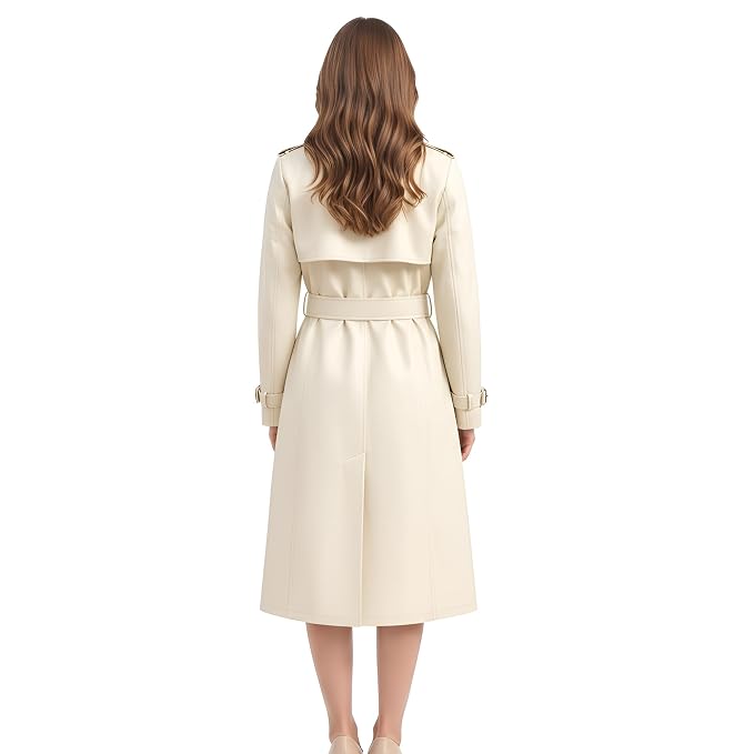 Storm Vixen women's creamy ivory-beige genuine lambskin leather long trench coat featuring wide notch lapels, double-breasted button closure, military shoulder epaulettes, matching buckle-fastened waist belt, adjustable cuff straps, knee-length fit, and custom made-to-measure fitting across the UK, USA, and Australia.back