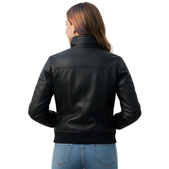 Stormcraft women's black genuine soft lambskin real leather cafe racer motorcycle jacket featuring a high funnel stand collar, horizontal quilted chest panelling, full front zip closure, ribbed knit cuffs and hemband, side welt pockets, and custom made-to-measure fitting across the UK, USA, and Australia.back