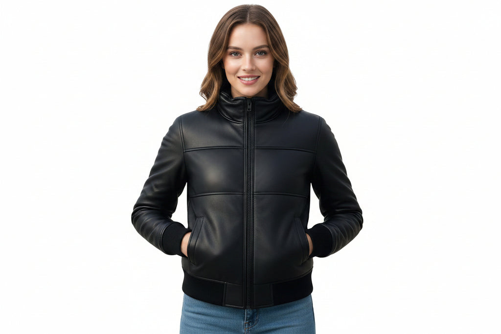 Stormcraft women's black genuine soft lambskin real leather cafe racer motorcycle jacket featuring a high funnel stand collar, horizontal quilted chest panelling, full front zip closure, ribbed knit cuffs and hemband, side welt pockets, and custom made-to-measure fitting across the UK, USA, and Australia.