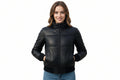 Stormcraft women's black genuine soft lambskin real leather cafe racer motorcycle jacket featuring a high funnel stand collar, horizontal quilted chest panelling, full front zip closure, ribbed knit cuffs and hemband, side welt pockets, and custom made-to-measure fitting across the UK, USA, and Australia.